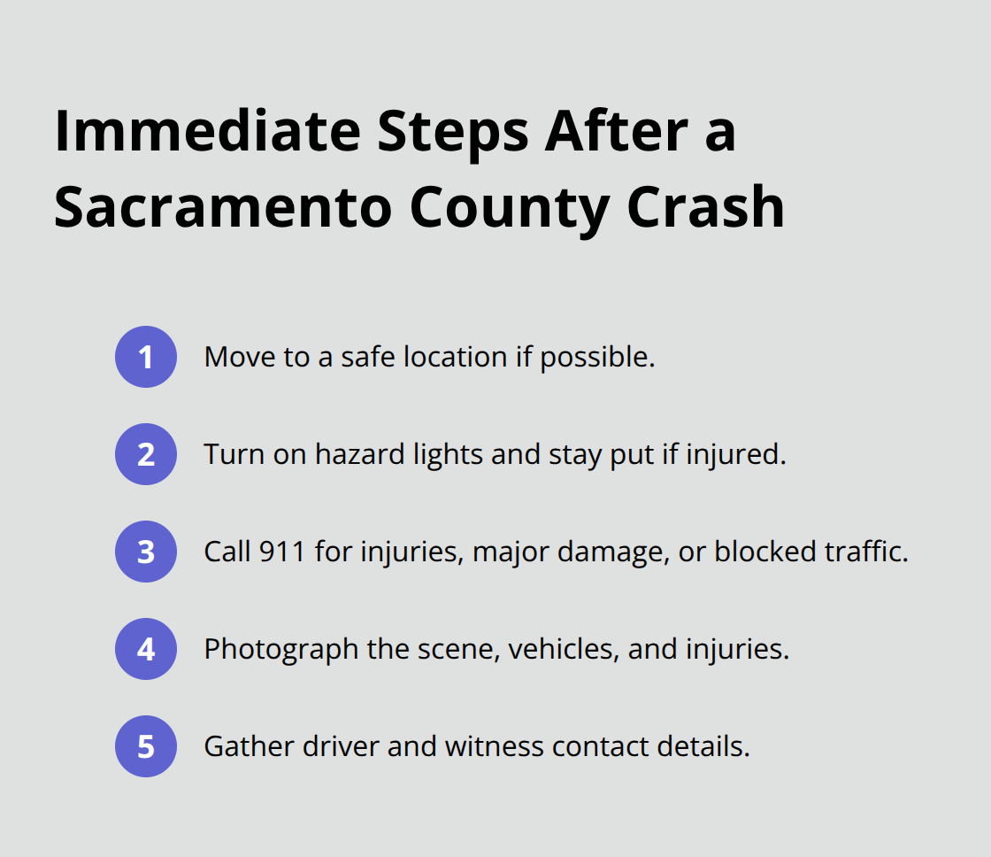Concise checklist of the first actions to take immediately after a vehicle crash in Sacramento County. - Big vehicle crash Sacramento