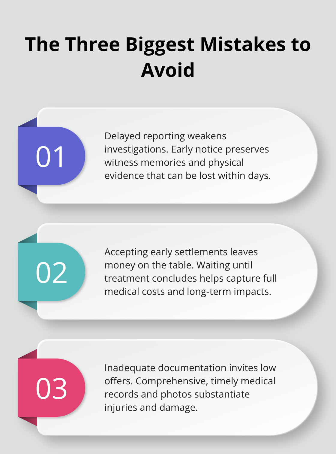 Stylized list explaining delayed reporting, early settlements, and poor documentation in insurance claims. - California insurance claims process