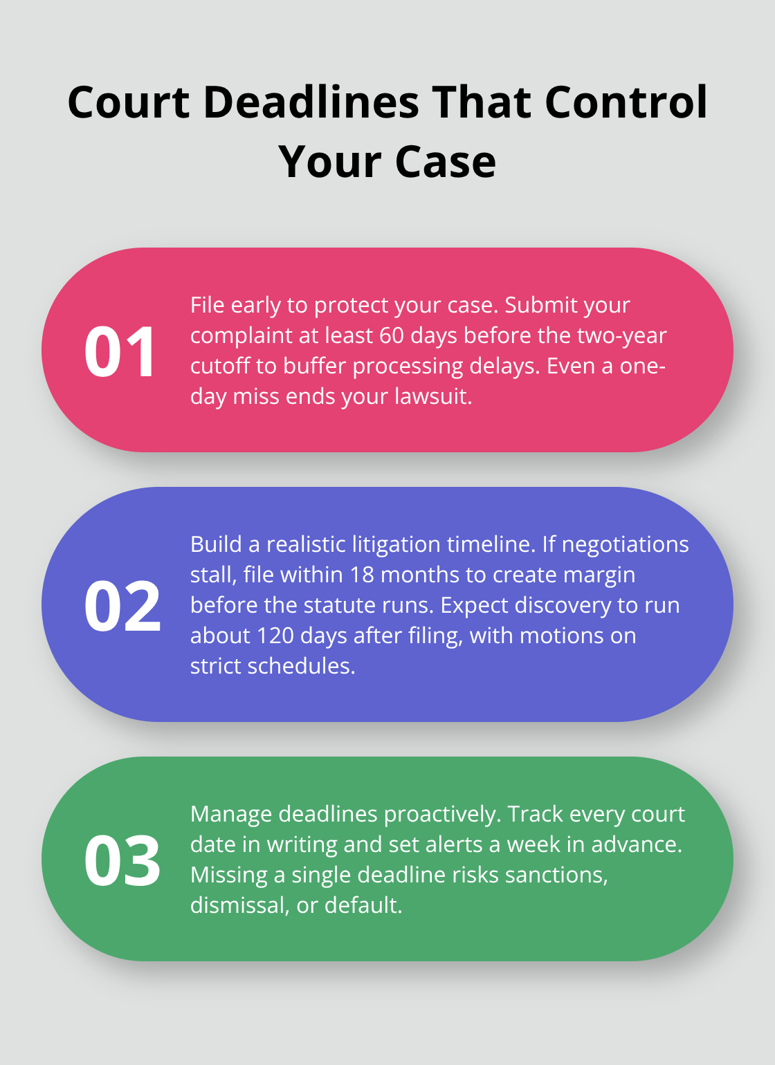 Three key court timeline rules for Sacramento County car accident claims.