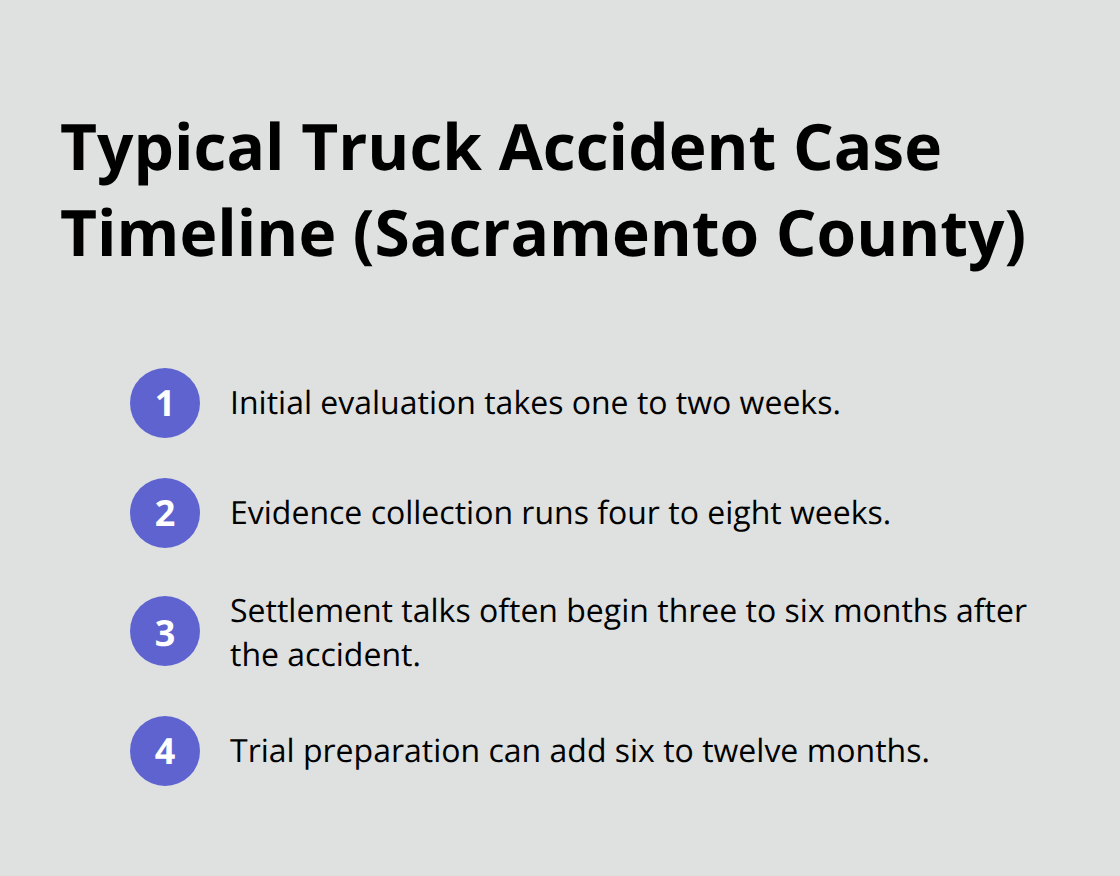 Step-by-step timeline from evaluation to trial preparation in a Sacramento County truck accident case.