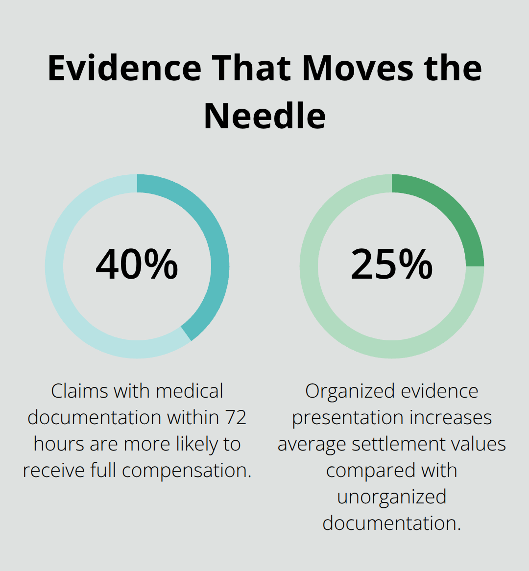 Chart showing 40% higher full compensation with timely medical documentation and 25% average settlement increase with organized evidence - Evidence gathering California injuries