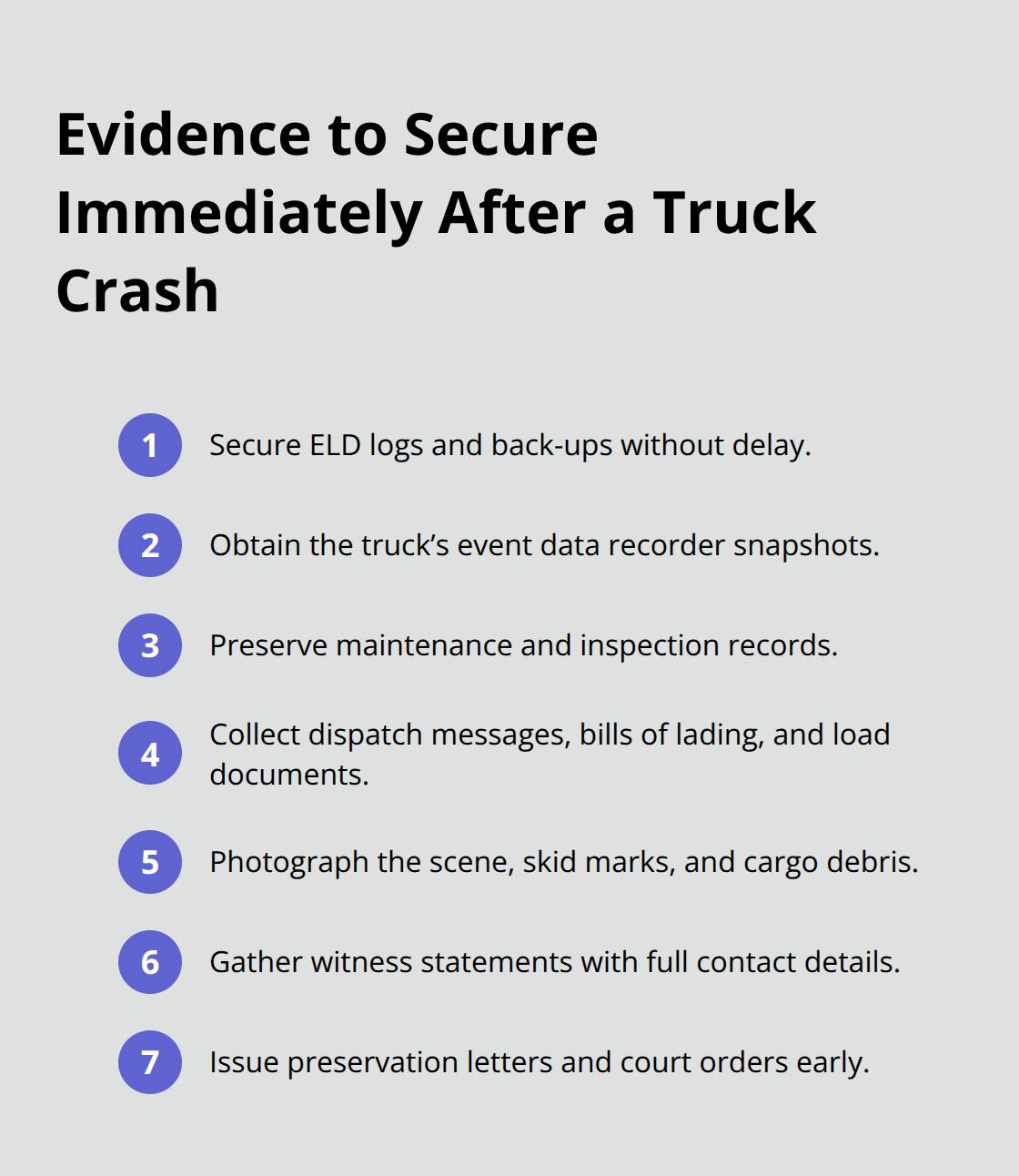 Compact list of priority evidence items to preserve in a truck accident case