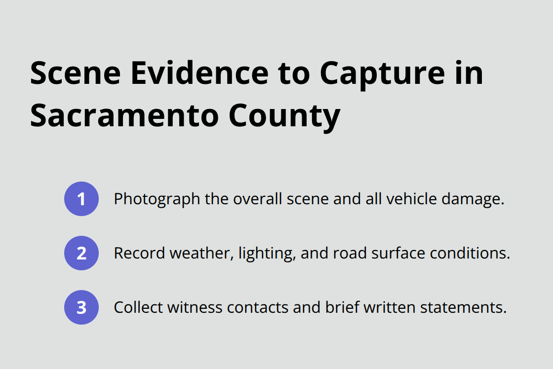 Compact list of key scene documentation steps after a motorcycle crash - Motorcycle accident documentation Sacramento