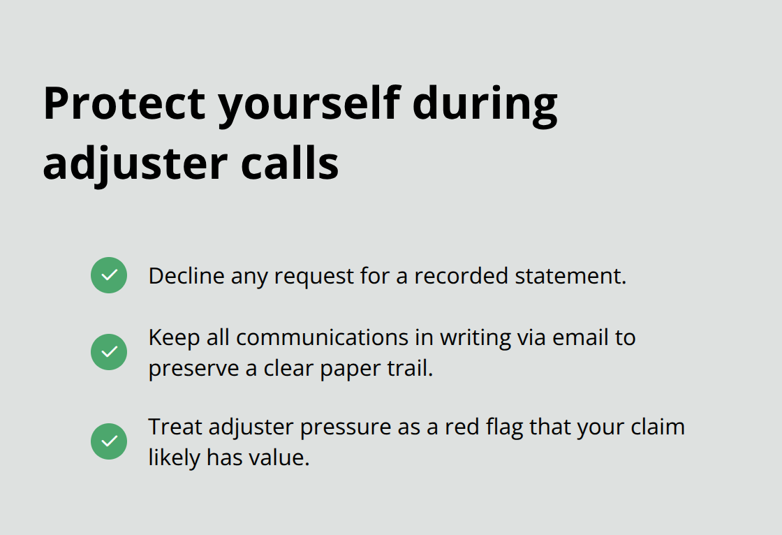 Checklist of actions to protect your claim when speaking with insurance adjusters. - Motorcycle crash attorney Sacramento