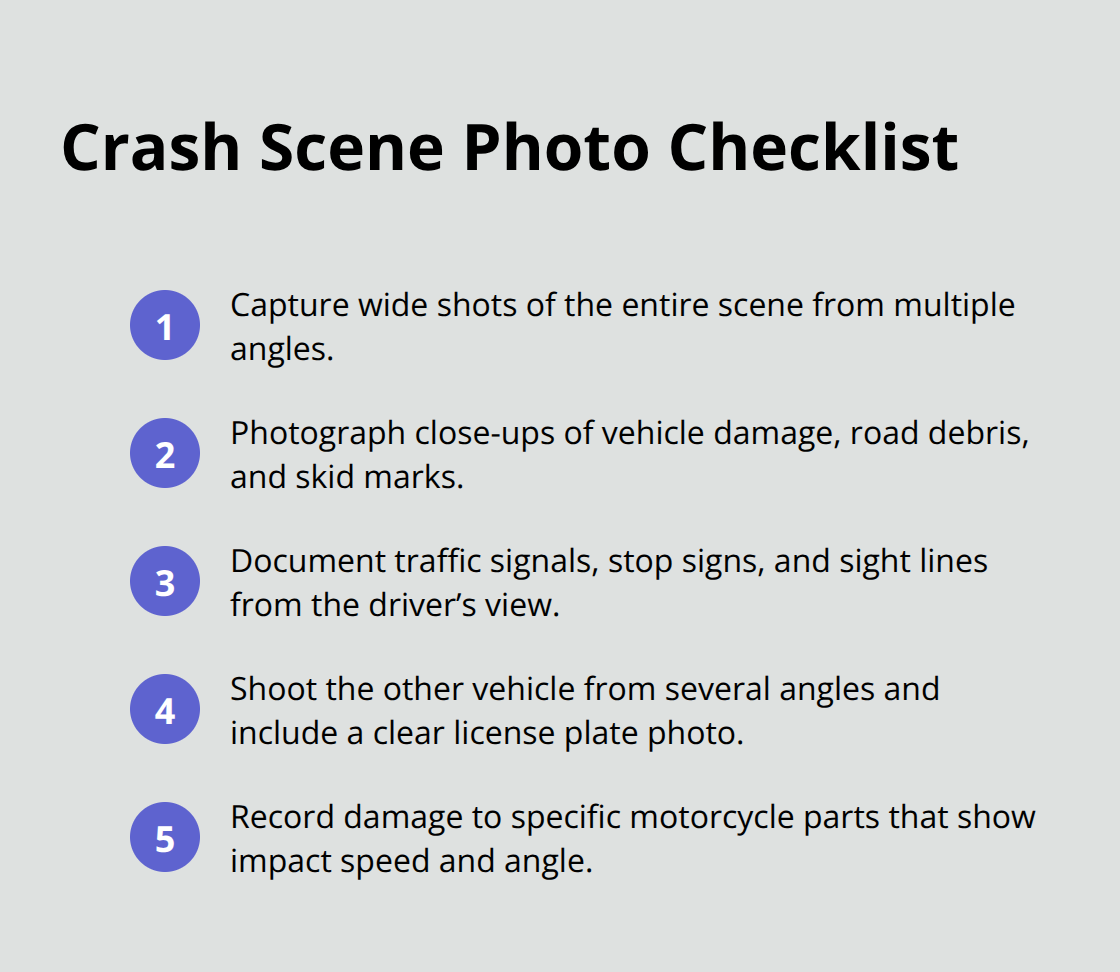 Checklist of crucial photos to capture after a motorcycle crash.