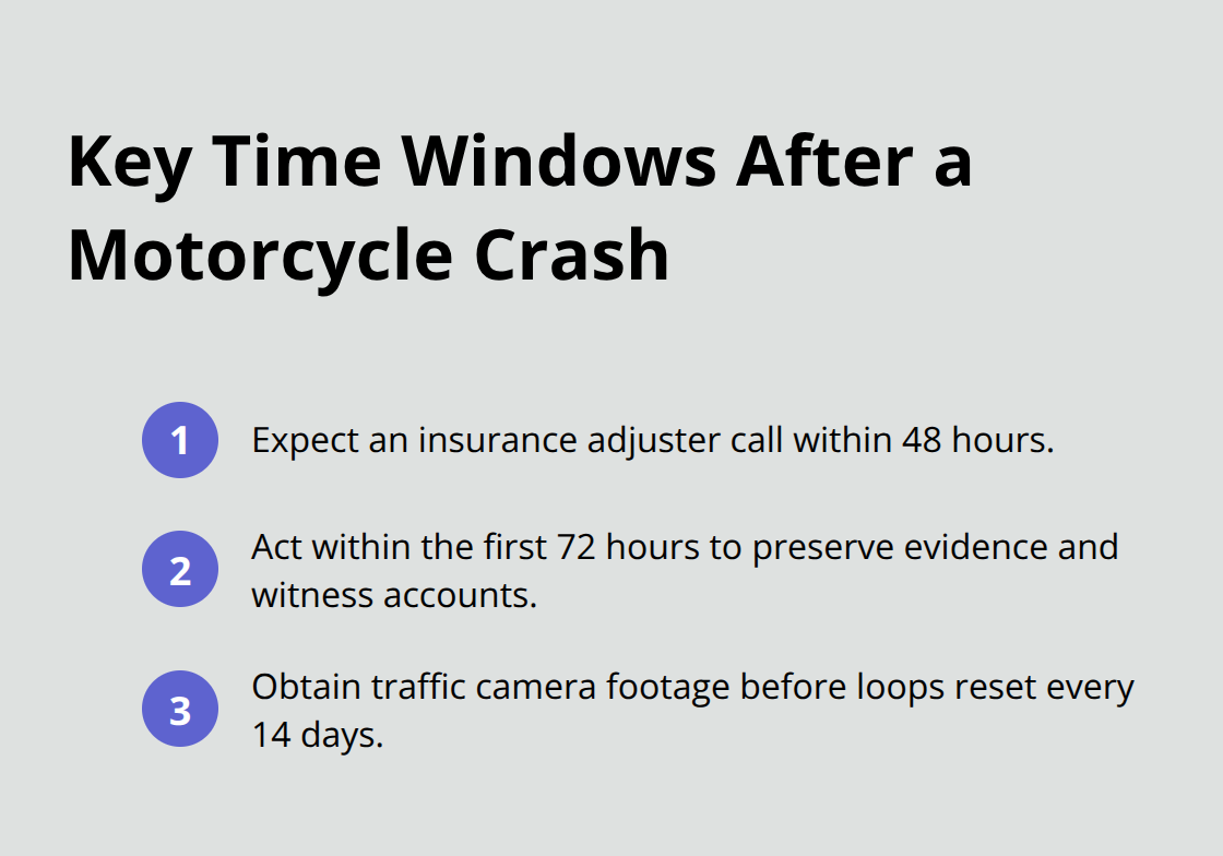 Compact list of critical post-crash timelines: 48 hours adjuster contact, 72 hours evidence work, 14-day camera footage loop.