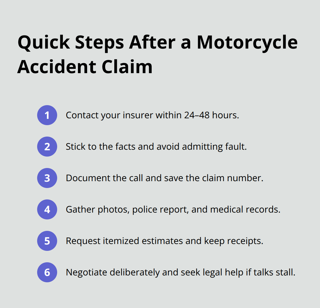 Compact checklist of immediate steps to start a motorcycle insurance claim in the U.S. - Motorcycle insurance claim guidance