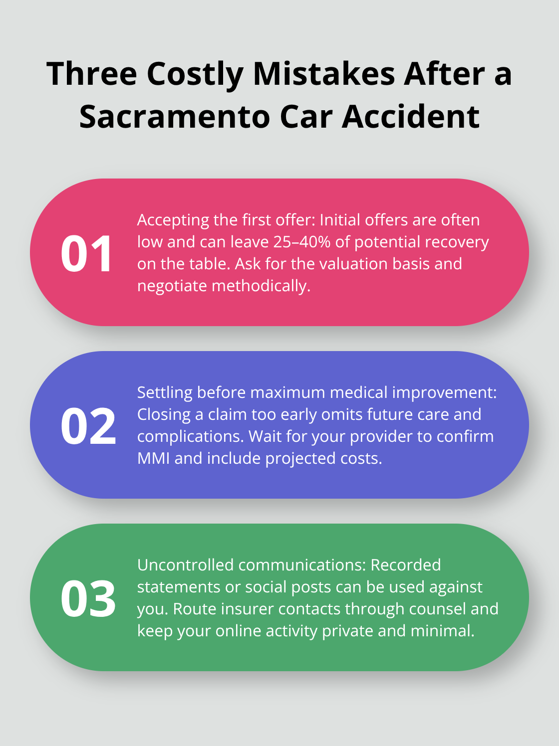 Stylized list highlighting three common mistakes that reduce settlement amounts. - Sacramento auto collision claim