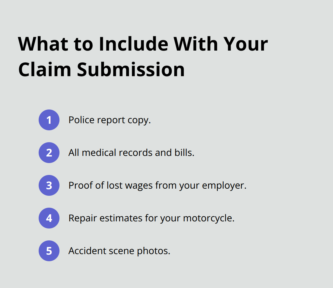 Compact ordered list of five essential documents to send the adjuster - Sacramento bike crash claim