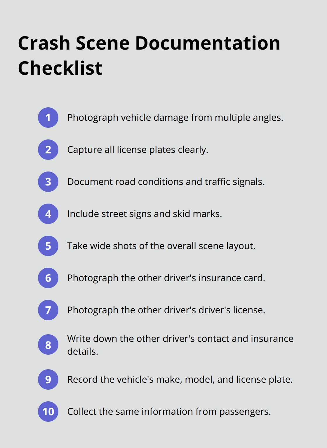 Quick checklist of photos and details to capture at a crash scene in Sacramento County. - Sacramento car accident timeline