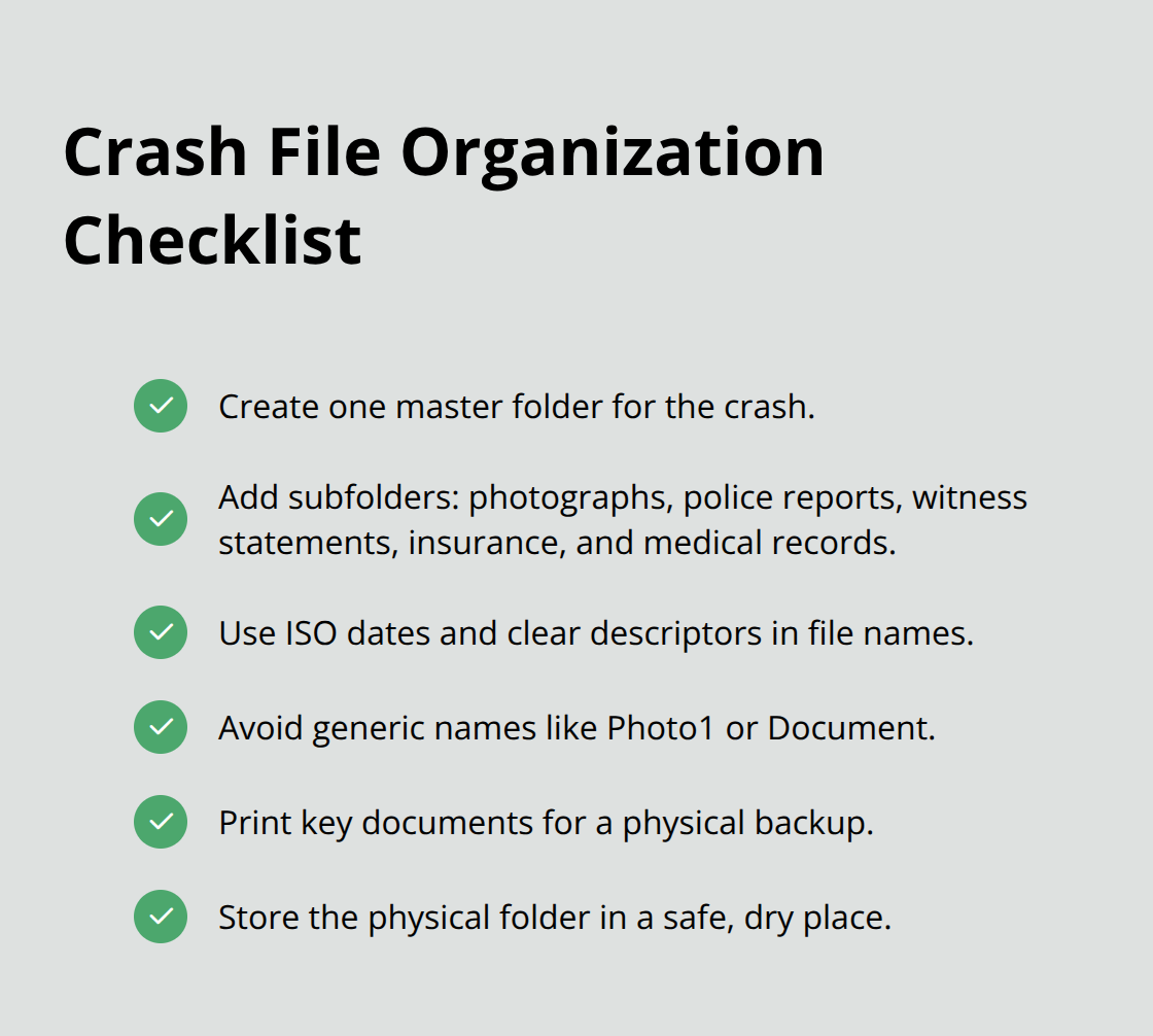 Compact checklist for setting up and maintaining crash documentation files. - Sacramento car crash documentation