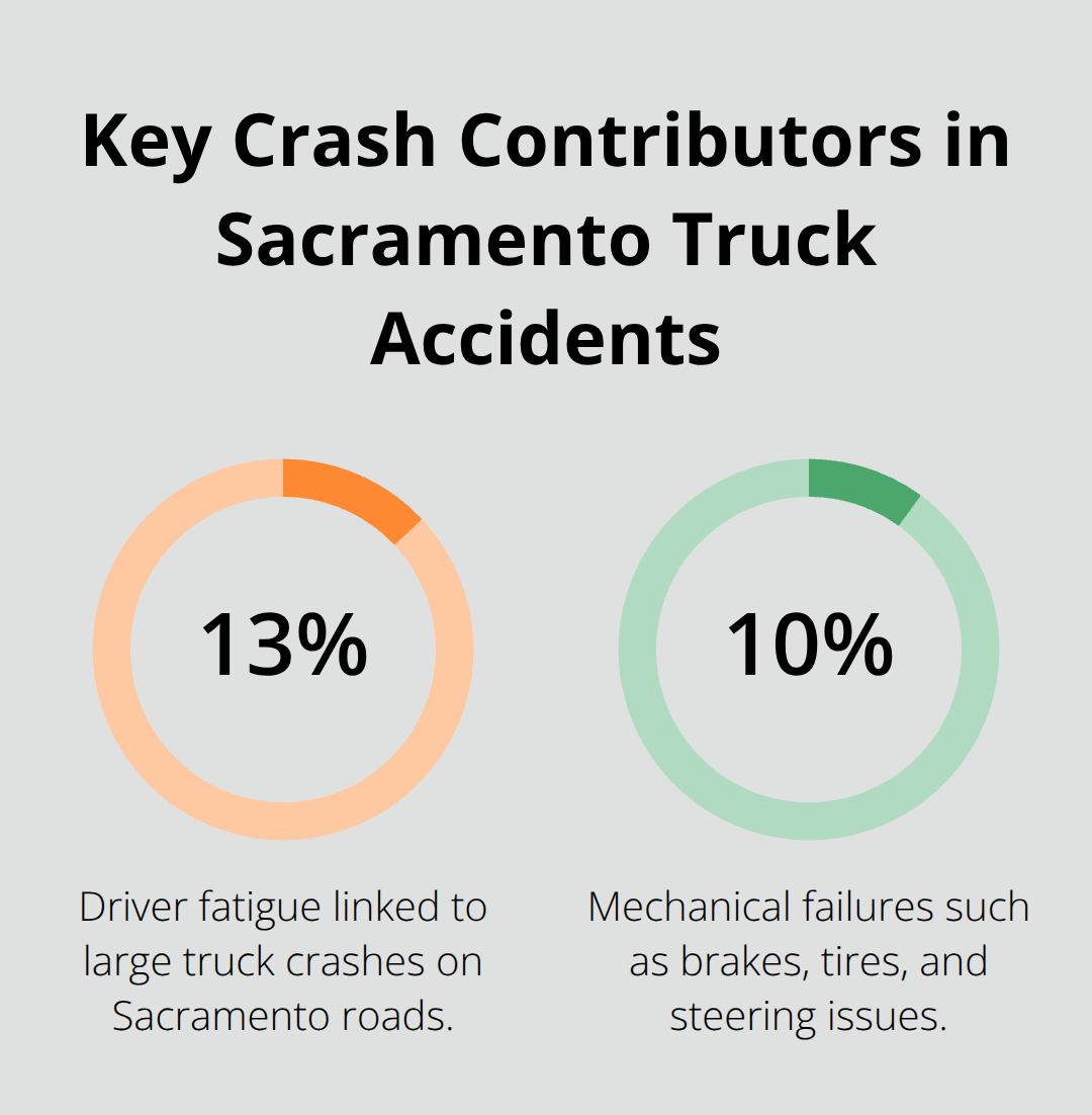 Percentage breakdown highlighting driver fatigue at 13% and mechanical failures at 10% in large truck crashes. - Sacramento commercial truck attorney