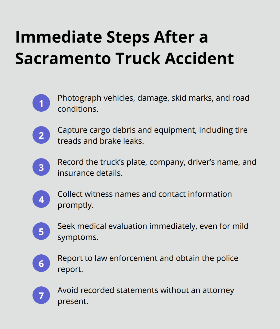 Compact checklist of key actions to take right after a truck crash. - Sacramento commercial truck attorney