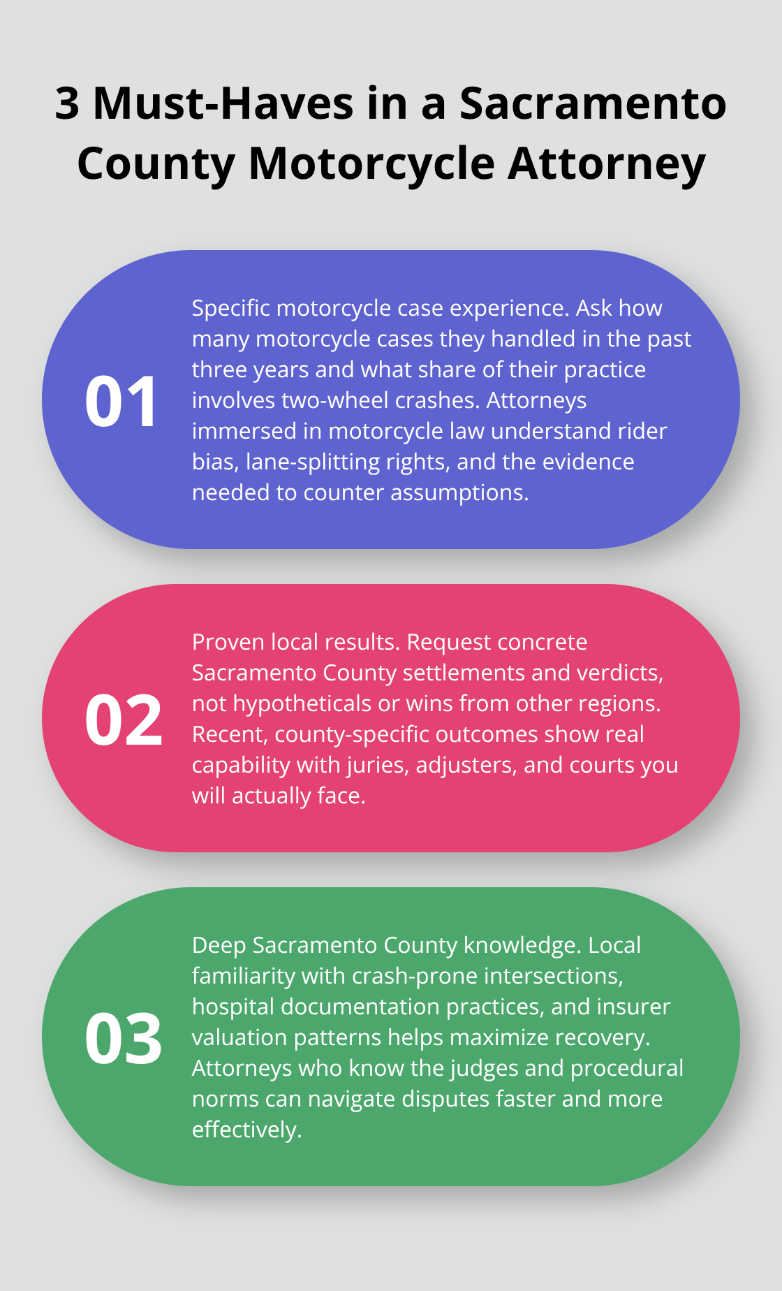 Three essential criteria to evaluate when choosing a Sacramento County motorcycle attorney.