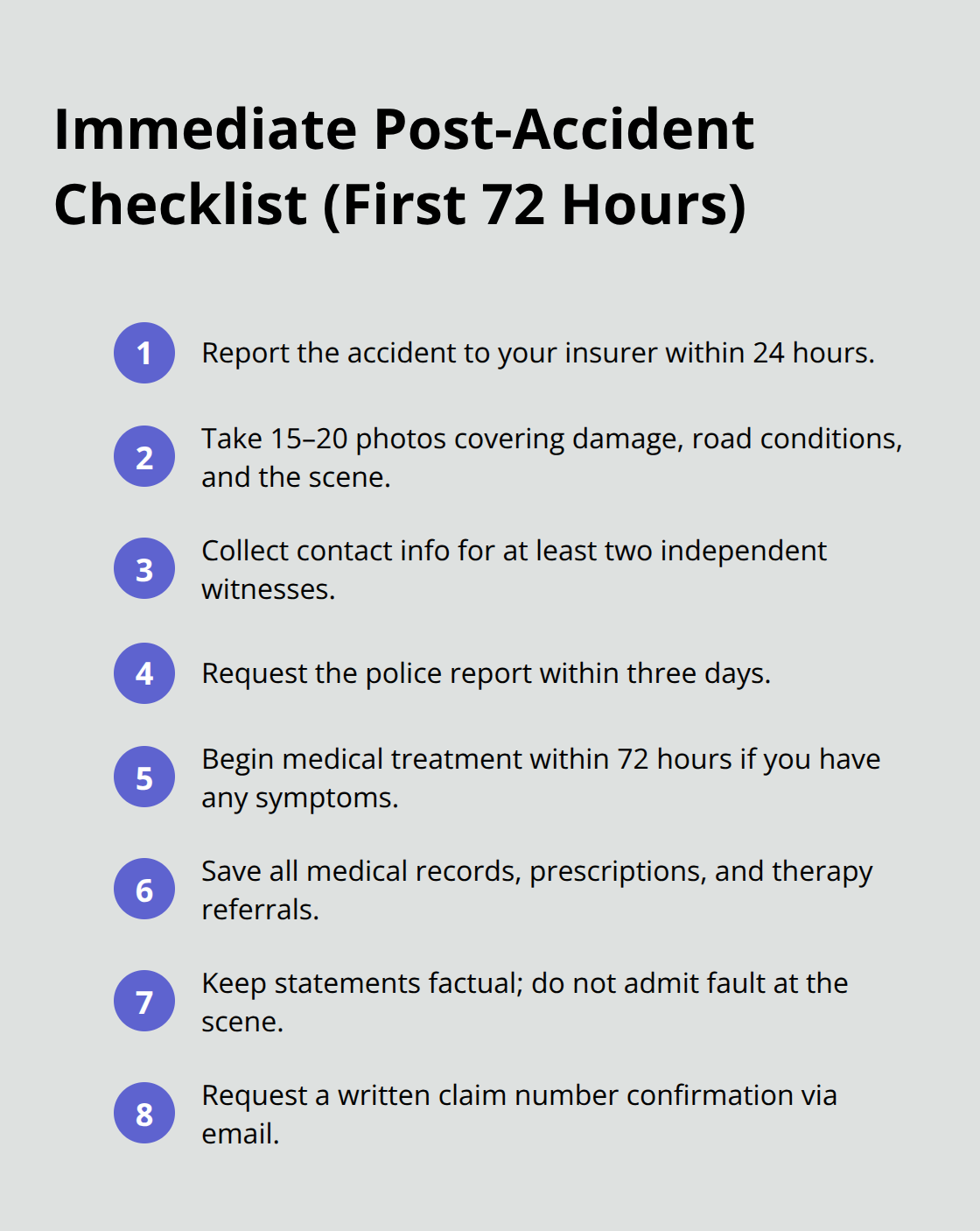 Checklist of steps to take after a vehicle accident with key timelines