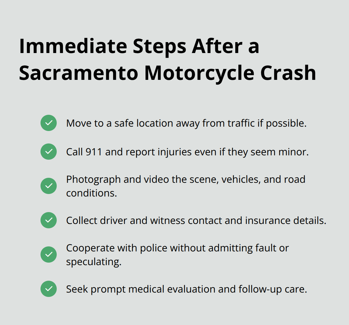 Checklist of urgent actions to protect your health and claim after a motorcycle crash. - Sacramento motorcycle claim attorney