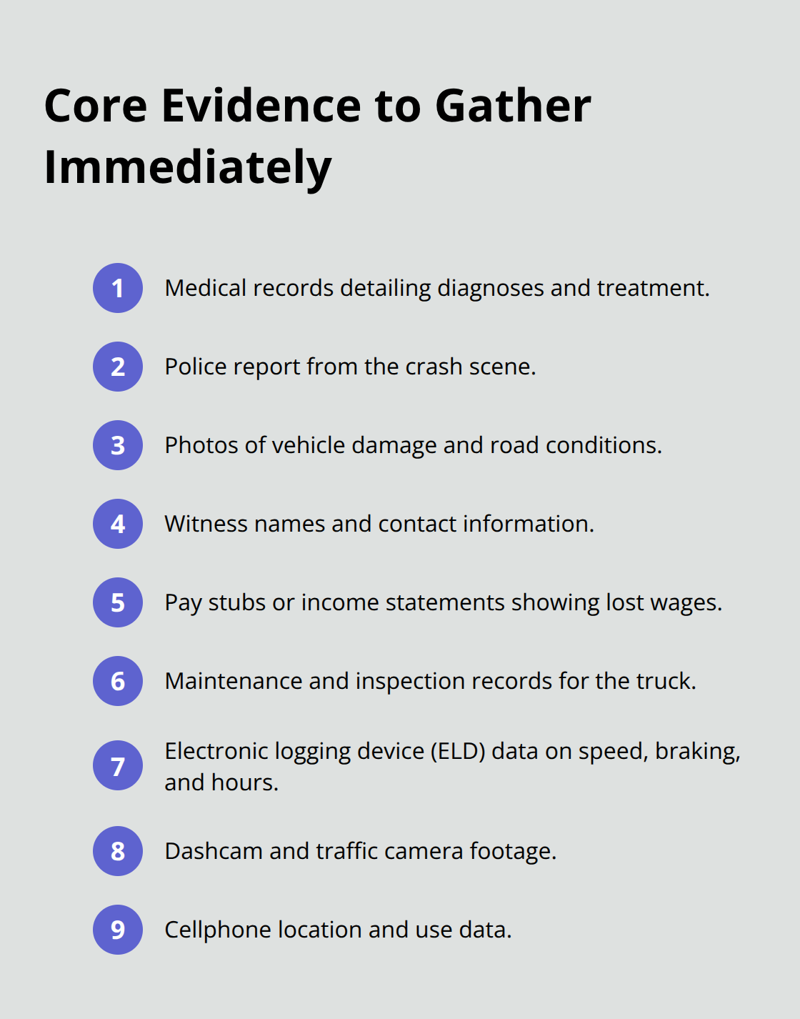 Compact checklist of key evidence to collect after a Sacramento truck accident. - Sacramento truck accident attorney