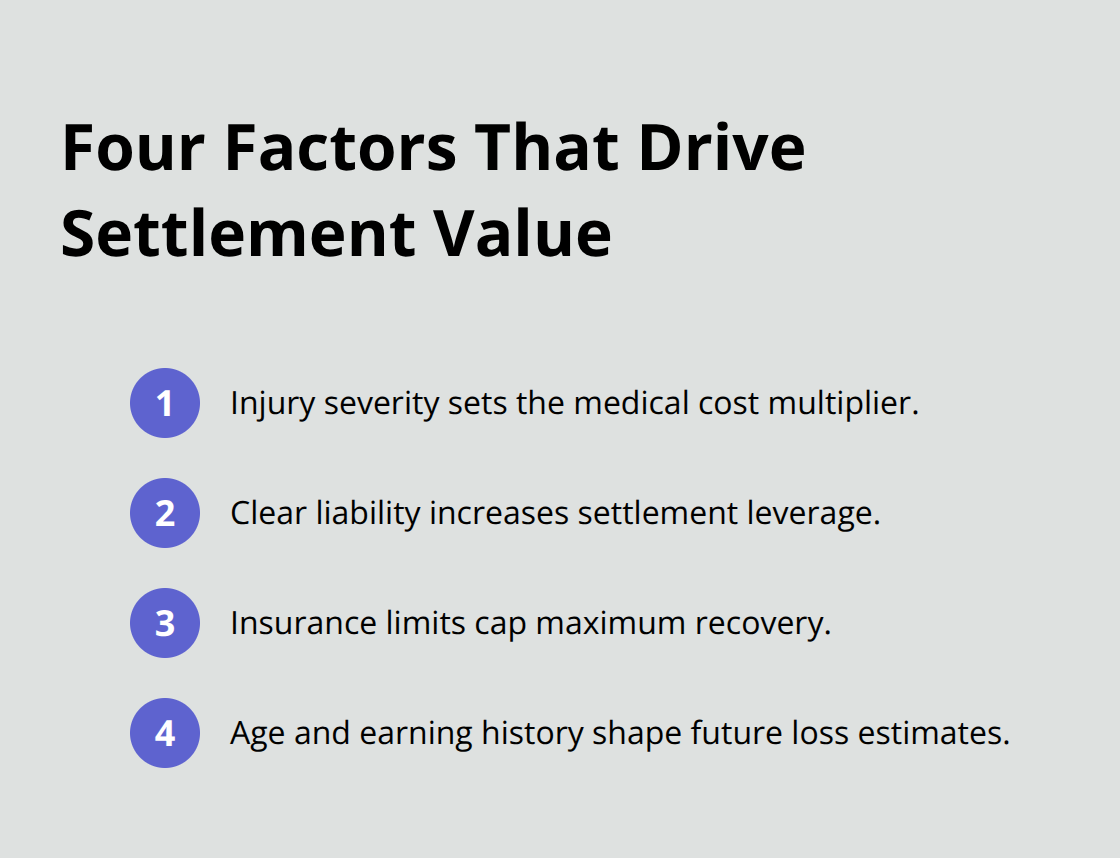 Compact list of the four primary factors that influence settlement value in Sacramento County truck cases. - Sacramento truck crash attorney