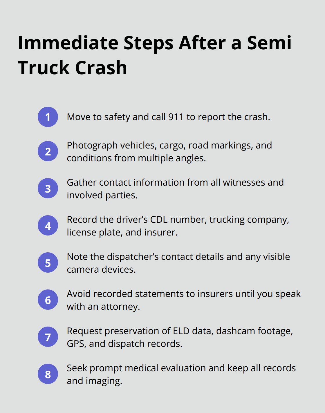 Compact checklist of priority actions to take right after a semi truck collision. - Semi truck attorney Sacramento Compact checklist of priority actions to take right after a semi truck collision. - Semi truck attorney Sacramento
