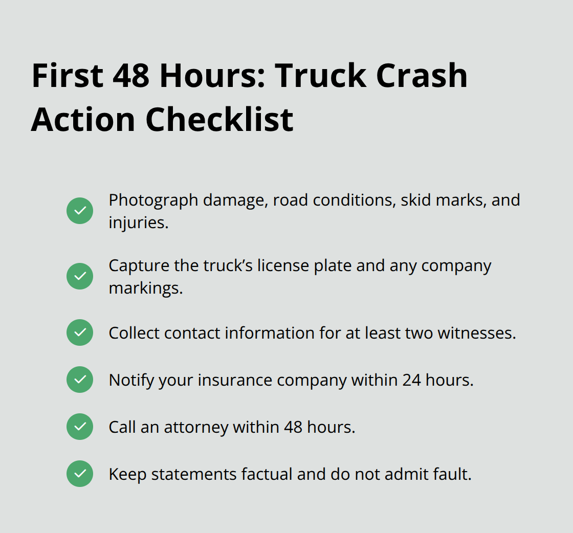 Checklist of critical steps to take in the first 48 hours after a truck crash - Truck crash claim deadlines