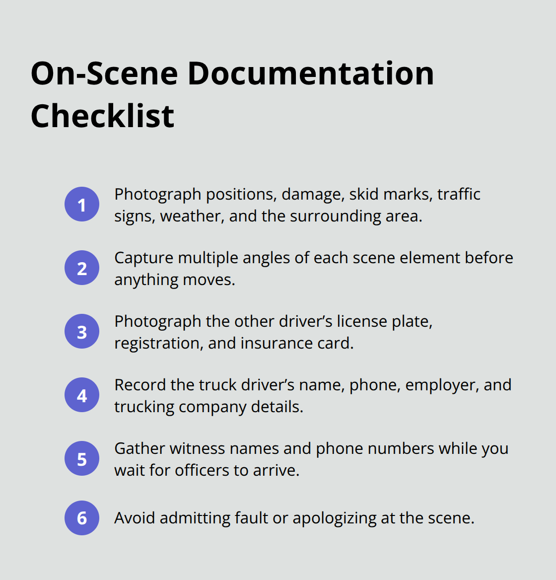 Checklist of on-scene documentation steps after a truck crash in Sacramento County - Truck crash claim steps